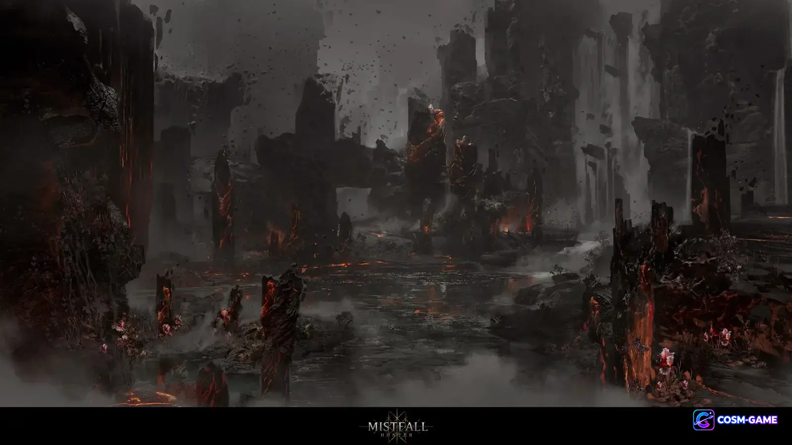 Black ruined pillars and cliffs glow with red fissures around a mist covered basin.