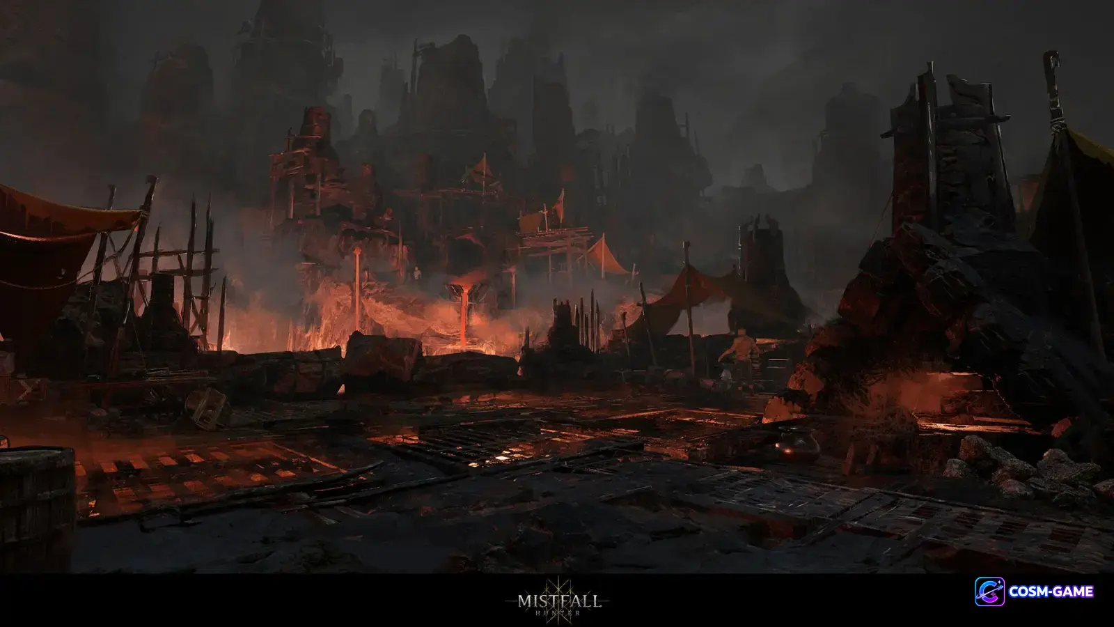 A dark fortress settlement glows red from fires among wooden platforms and towering rock structures.