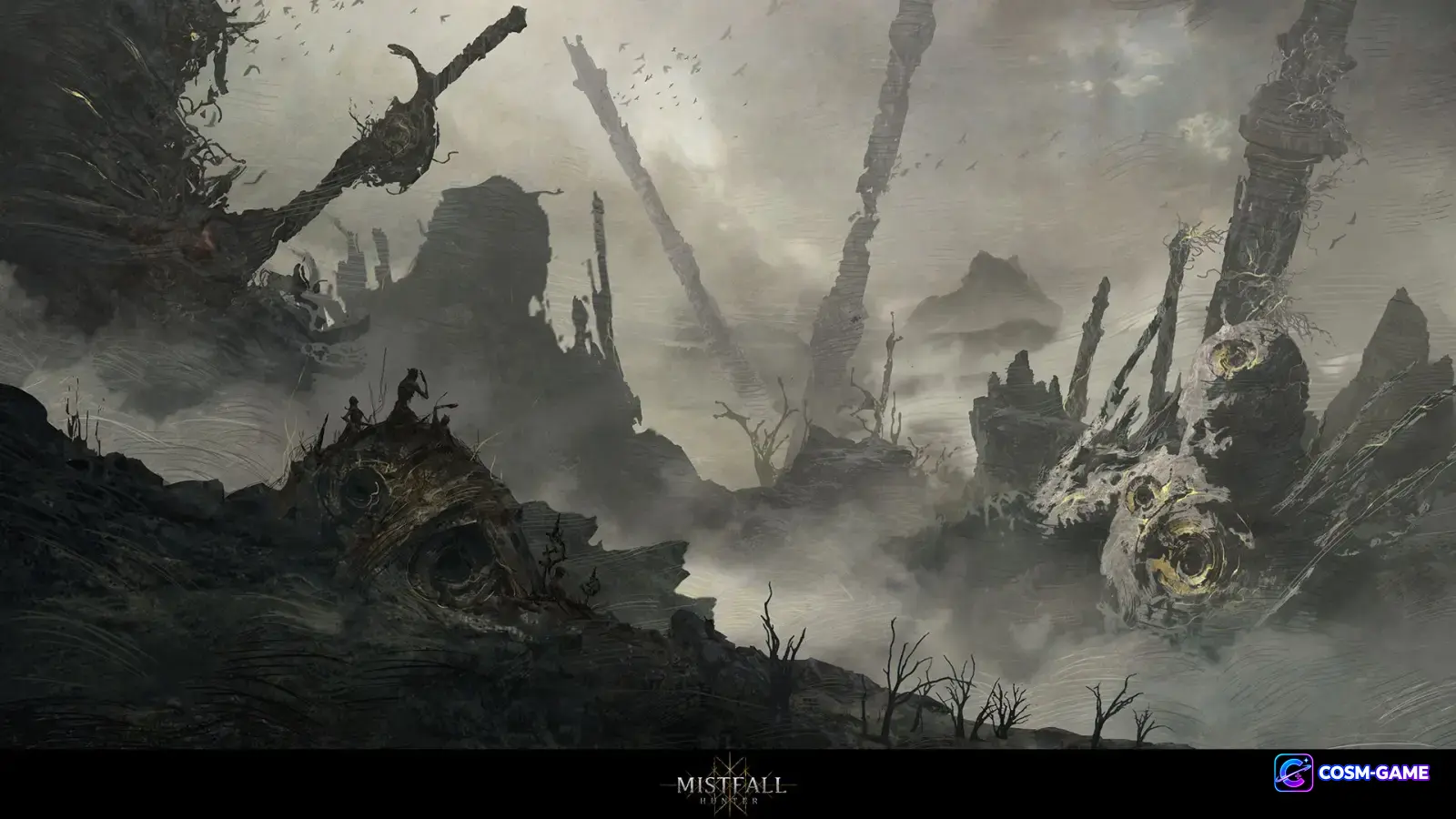 Broken towers and twisted stone structures rise above a fog filled wasteland beneath a pale sky.