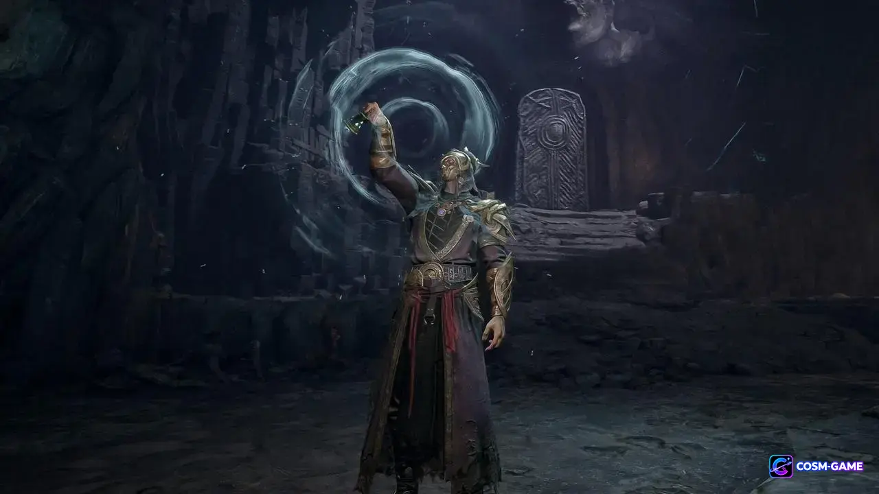 An armored Gyldhunter raises a glowing Soul of Return while a blue vortex forms in the ruins.