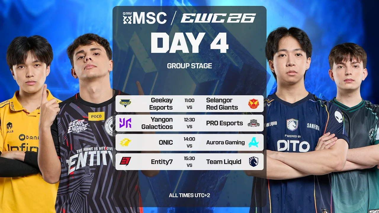 Mobile Legends MSC at EWC 2026 Group Stage Day 4 official broadcast artwork