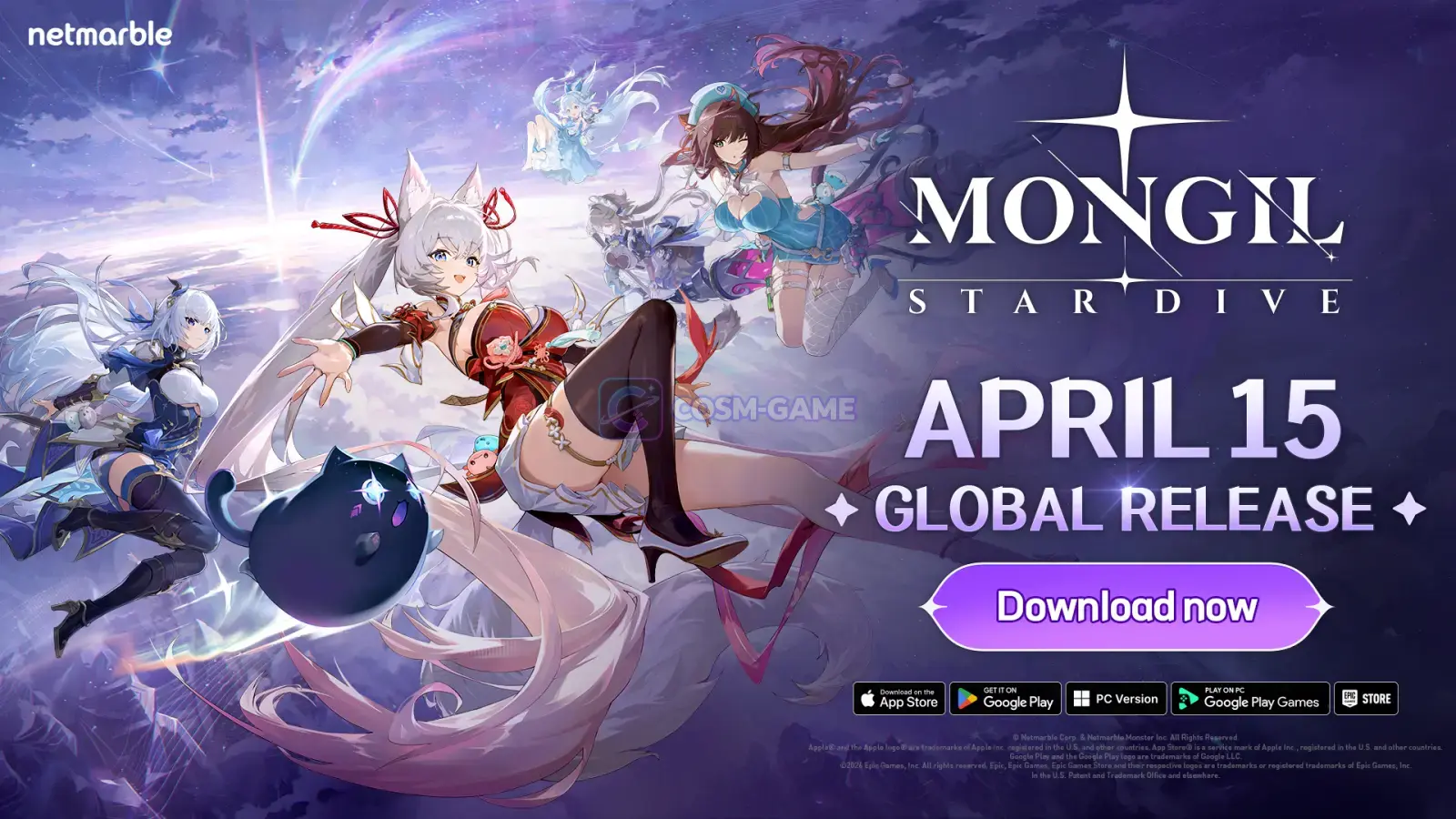 Several characters pose with Nyanners beside the MONGIL: STAR DIVE logo and global release announcement.