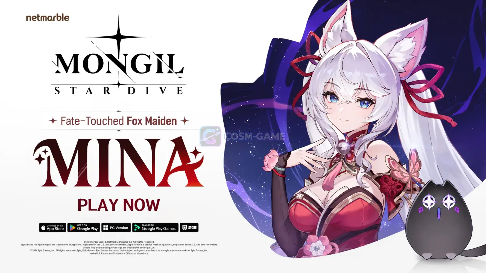 Mina stands beside Nyanners in a white and violet character presentation with the MONGIL: STAR DIVE logo.