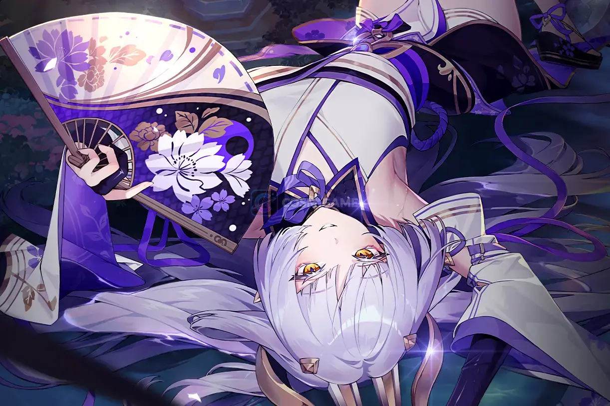 Nagi reclines with a floral folding fan while violet light glows across the night scene.