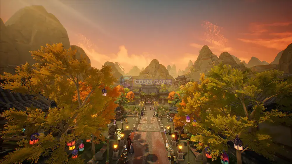 A lantern lined road leads through Naksan between autumn trees and mountain peaks under an orange sky.