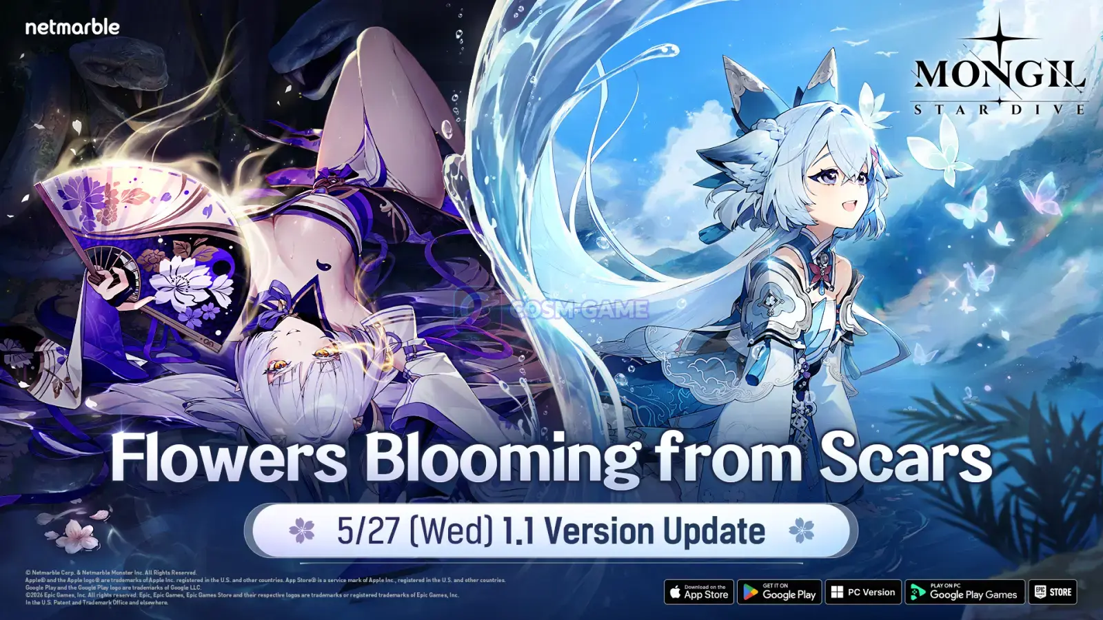 Narae runs through blue water on one side while Mina lies among purple flowers on the other.