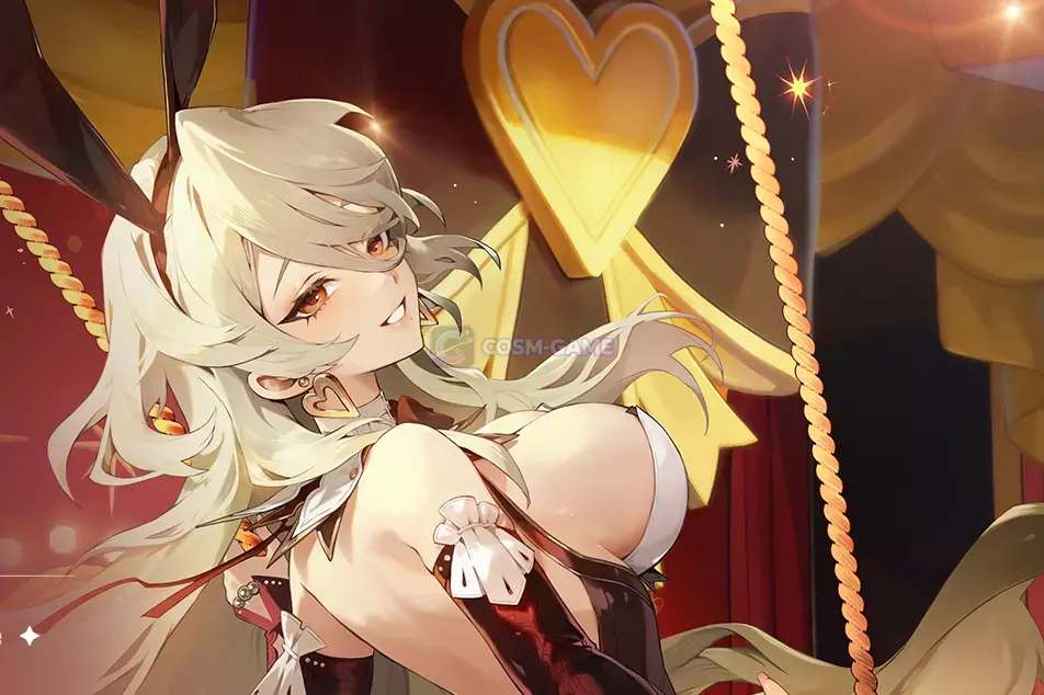 Vivian leans beside a glowing heart decoration under warm lights inside the Fluffy Tail Troupe stage.
