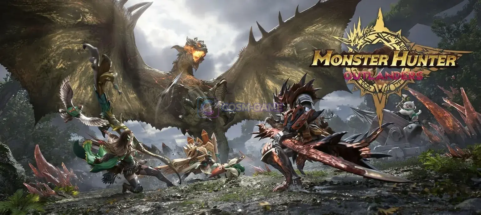 Monster Hunter Outlanders key art showing hunters in the game's wilderness.