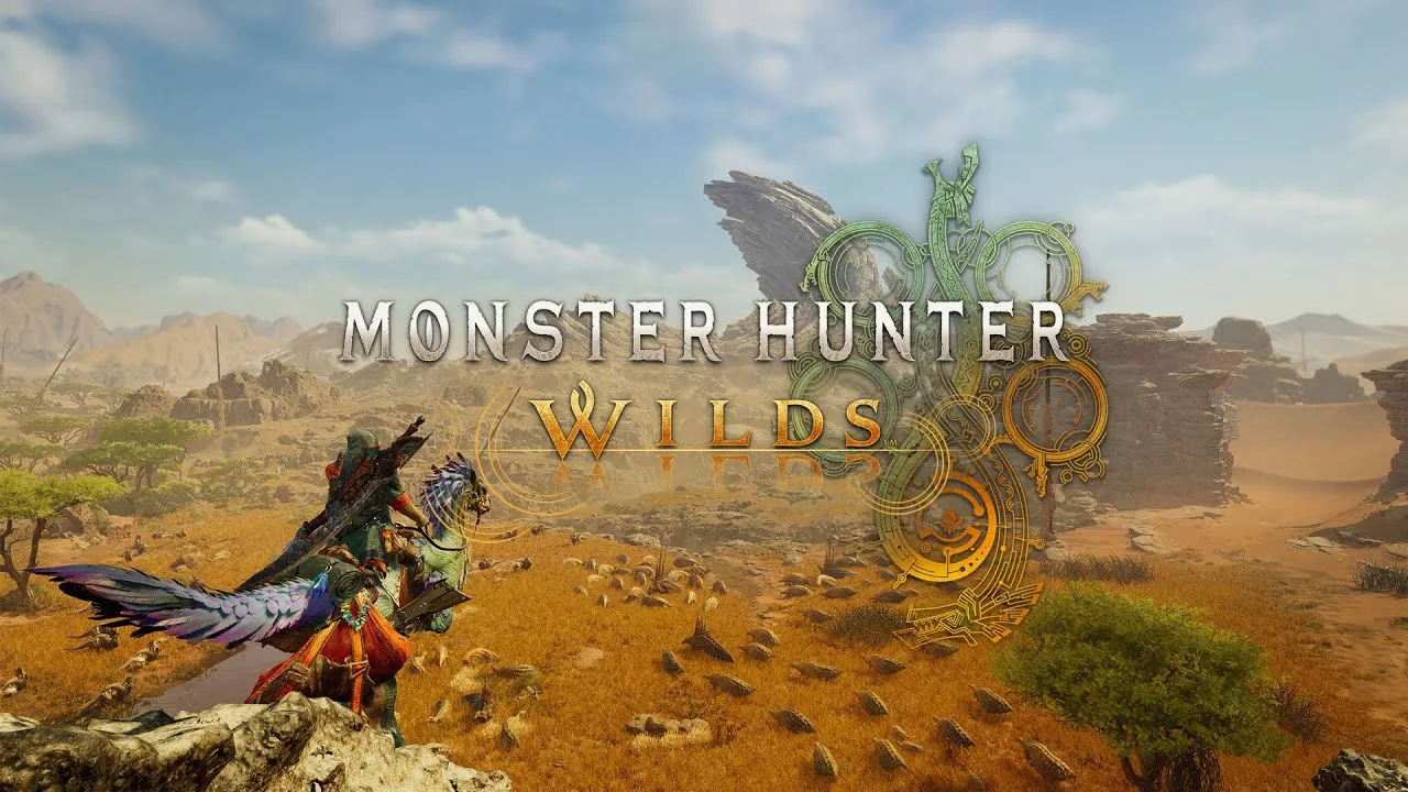 A hunter in full gear facing a large monster in the Monster Hunter Wilds official reveal trailer key art