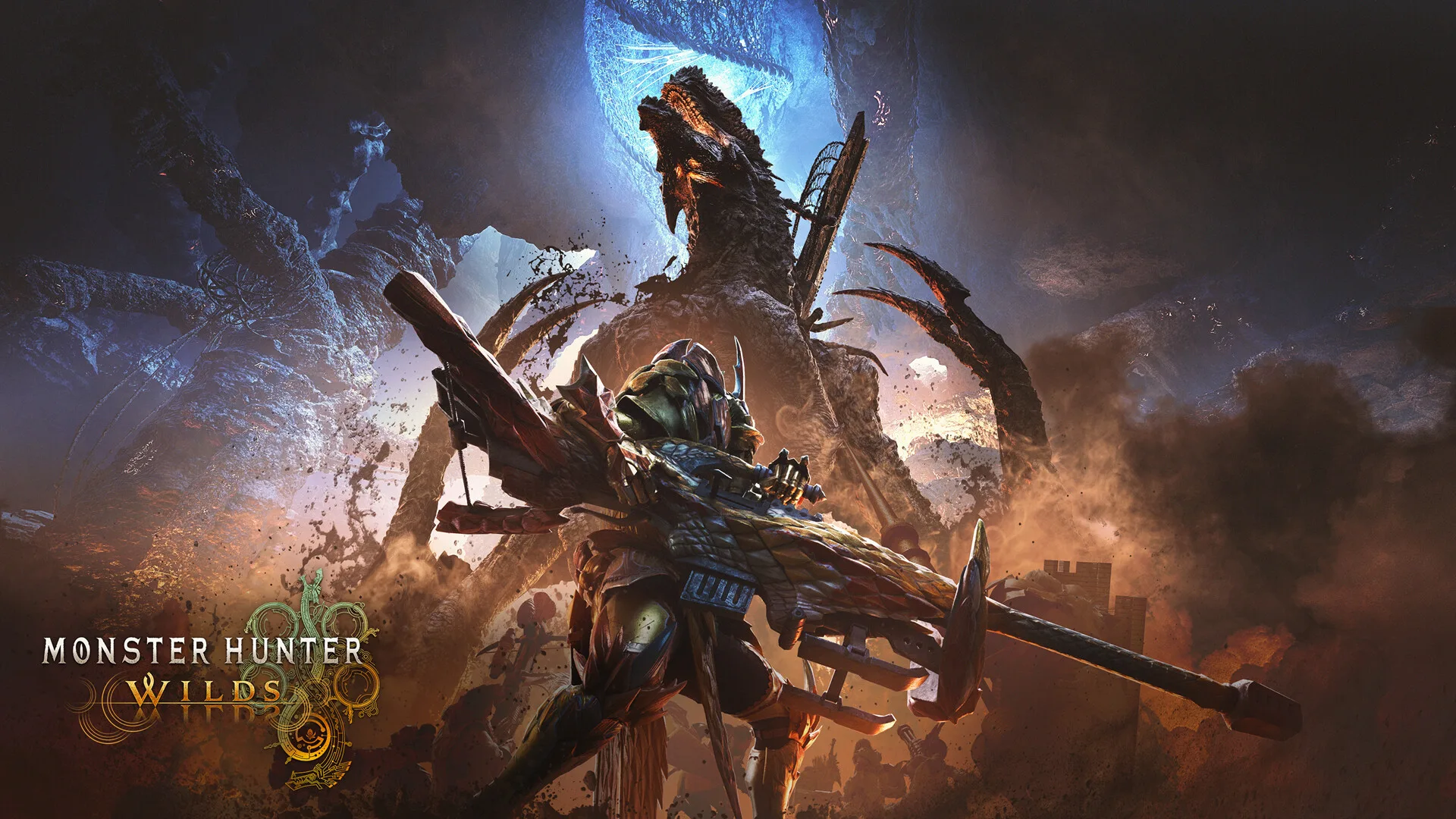 An armored hunter carrying a large weapon faces a towering monster amid fire and debris.