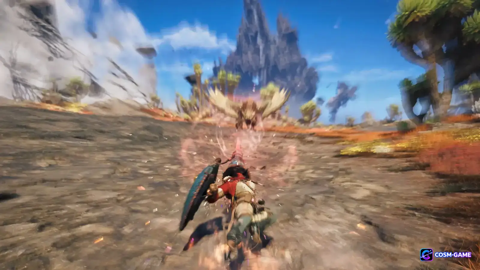 Hunter surging toward a large monster while Boost Bracer effects flare around them