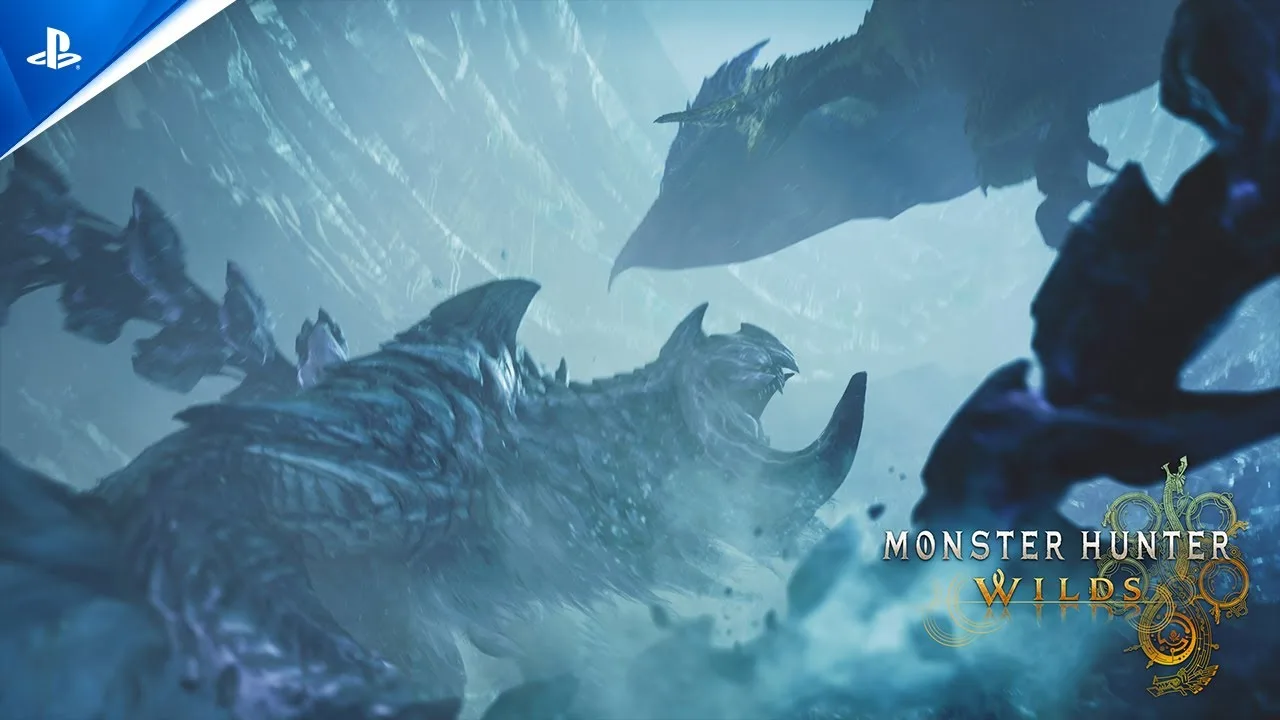 Hunters facing a large monster in an official Monster Hunter Wilds trailer