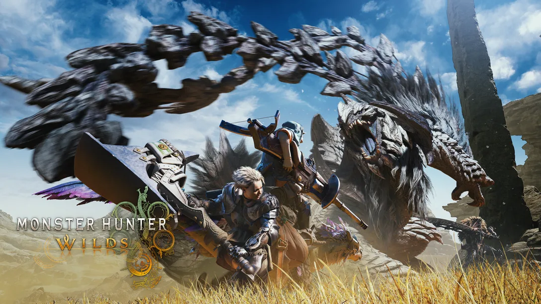Monster Hunter Wilds key art showing hunters and Arkveld in the Forbidden Lands.
