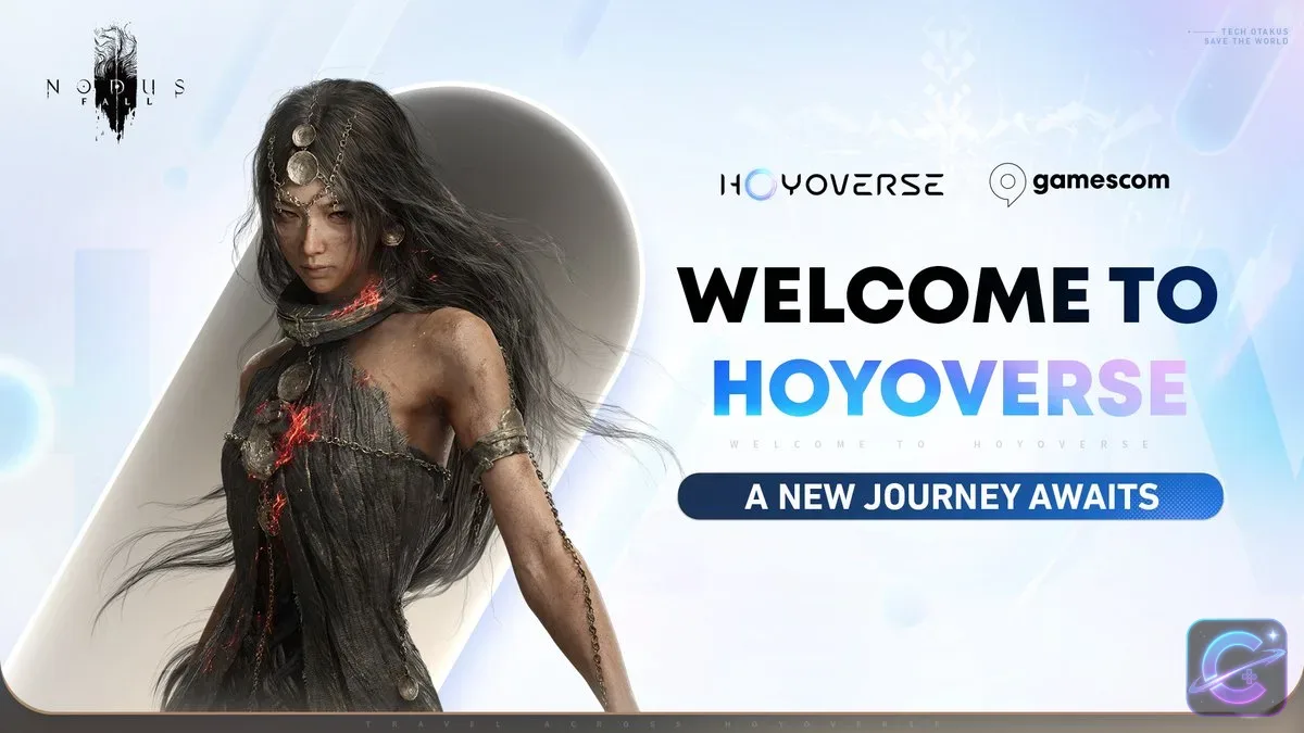 Nodusfall character standing beside HoYoverse and gamescom branding with the words Welcome to HoYoverse.