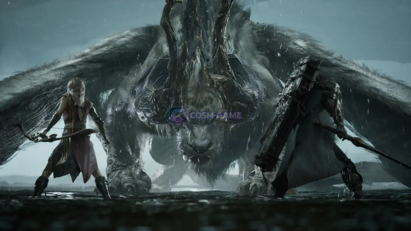 Nodusfall key art showing hunters with weapons clashing with dragons and monsters around the game logo