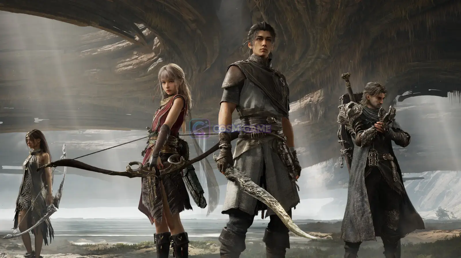 A lone warrior with a spear facing a giant white-furred horned beast in a rainy wasteland