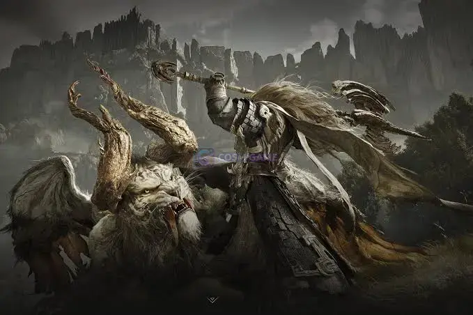 A white-haired warrior grappling a roaring winged lion-like beast near misty cliffs
