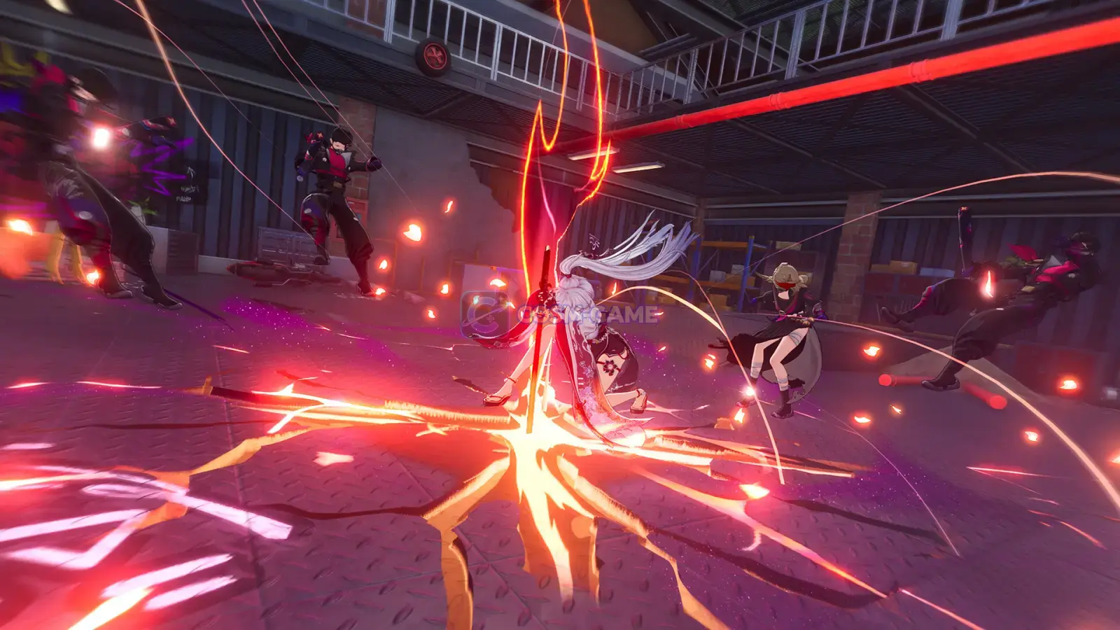 A white-haired character unleashes a red energy attack against enemies inside an industrial area.
