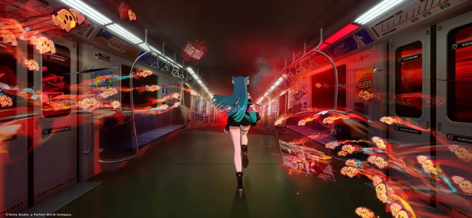 A teal-haired character runs through a train carriage filled with glowing red supernatural creatures.