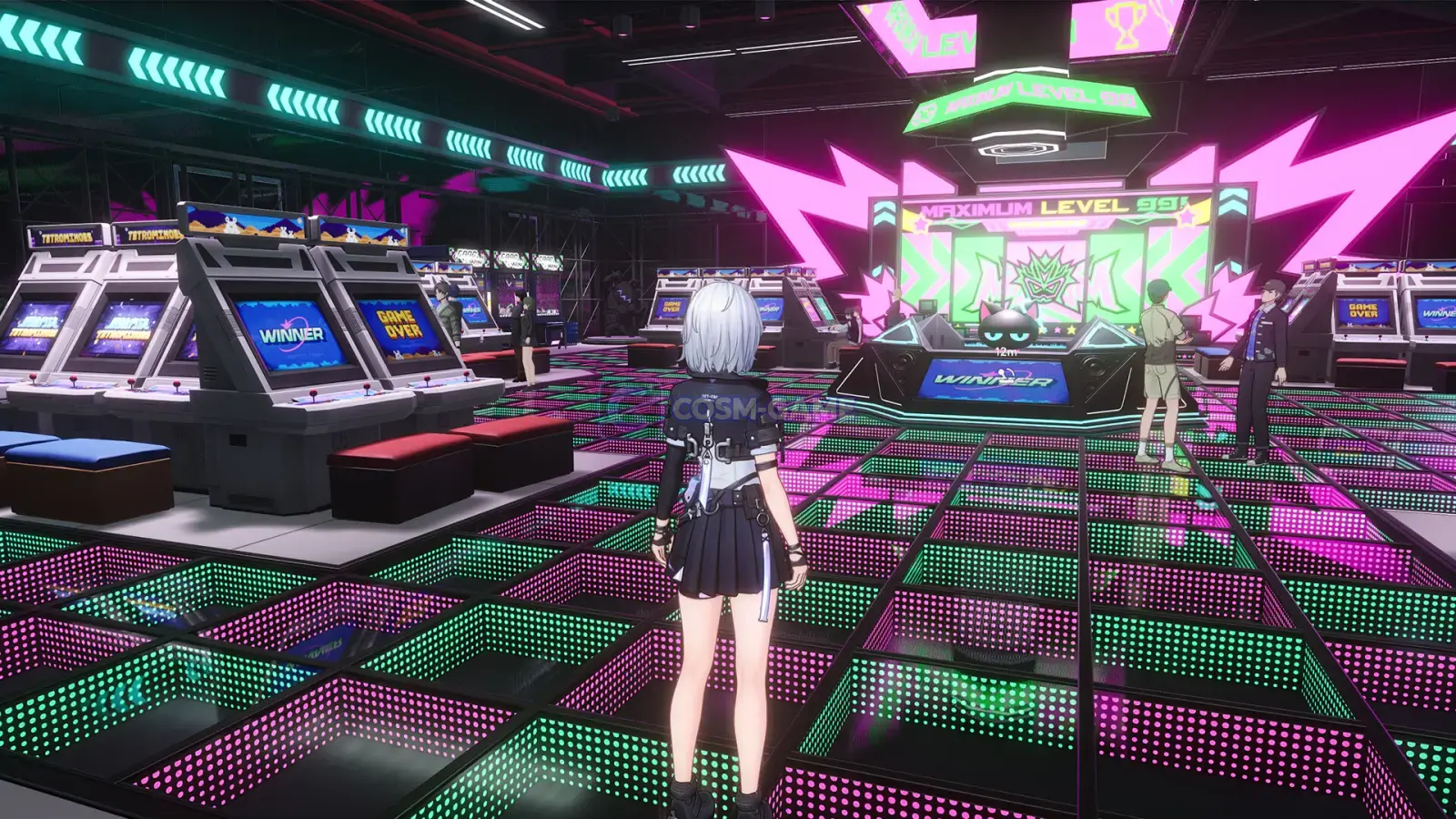 A white-haired character stands in a neon arcade facing a colorful rhythm game stage.
