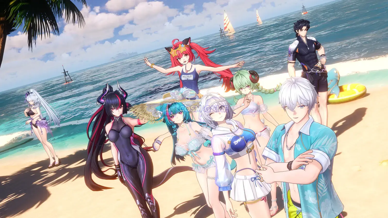 A group of NTE characters gathers on a sunny beach beside the ocean.