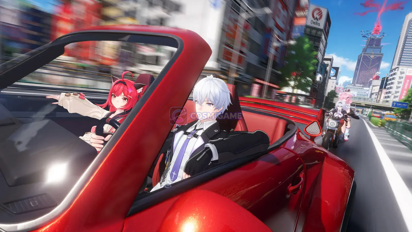 A red-haired passenger and silver-haired driver travel through Hethereau in a red convertible.