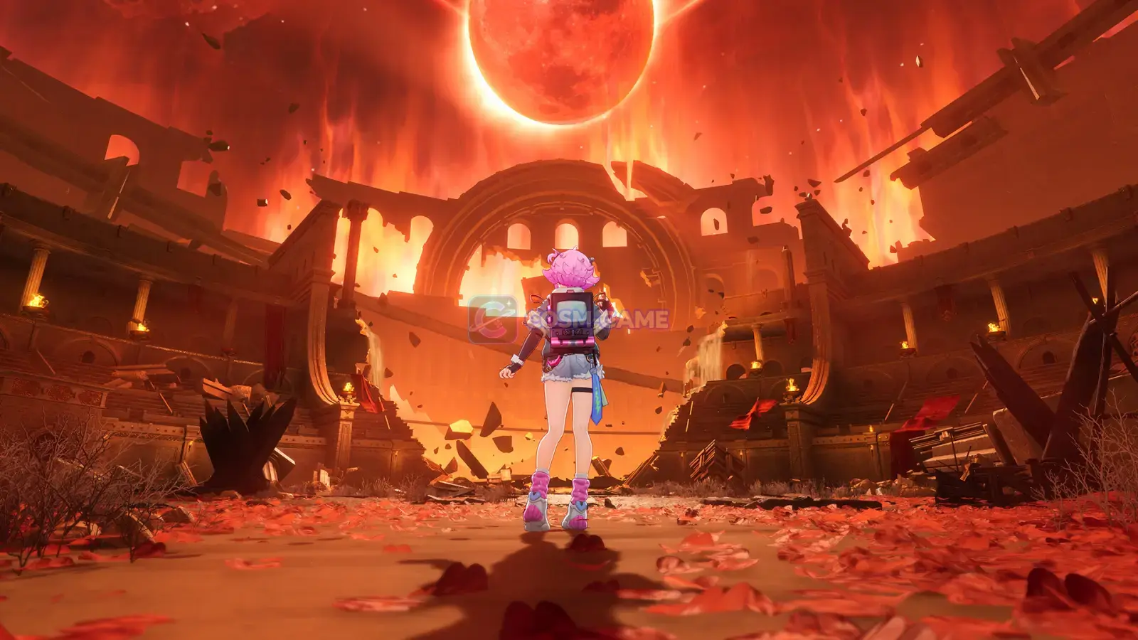 A pink-haired character faces burning ruins beneath a dark red eclipse.