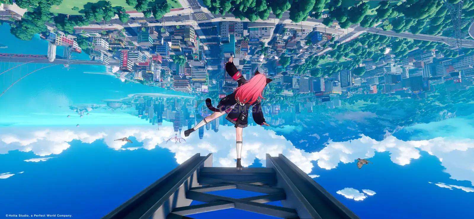 A pink-haired character runs along a structure while the city of Hethereau appears upside down above the sky.