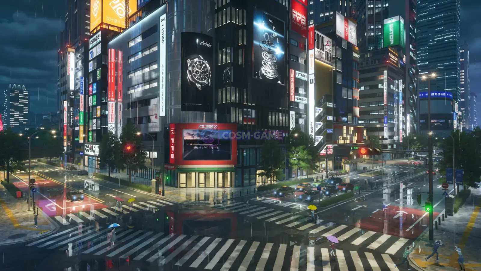Traffic moves through a rain-slicked Hethereau intersection surrounded by illuminated towers.
