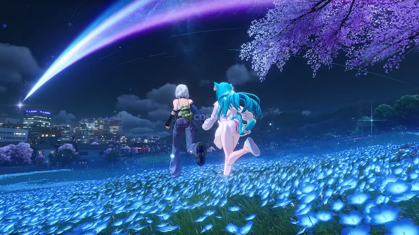 Two characters run through a glowing blue flower field beneath a bright moon and aurora.