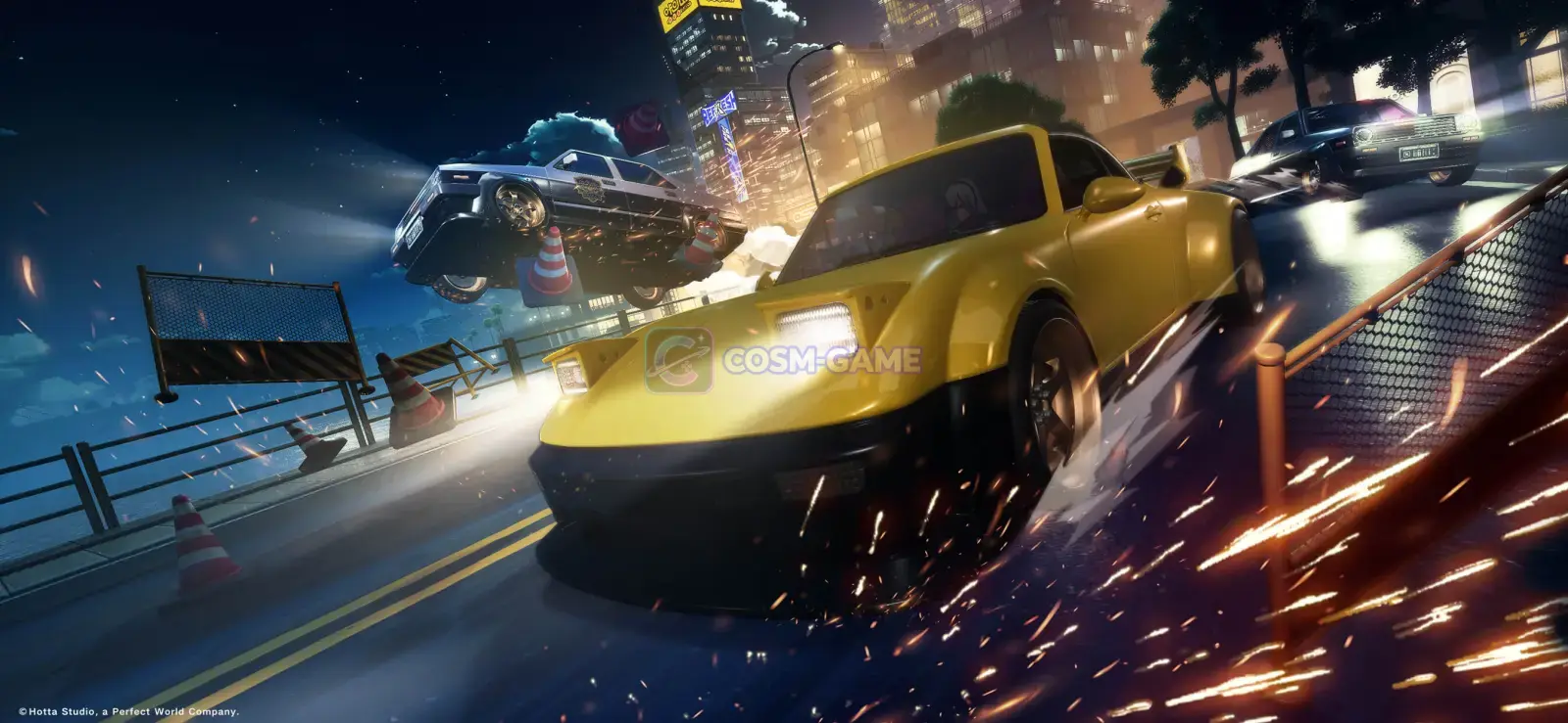 A yellow sports car drifts through a neon-lit city street as sparks fly and other vehicles race nearby.