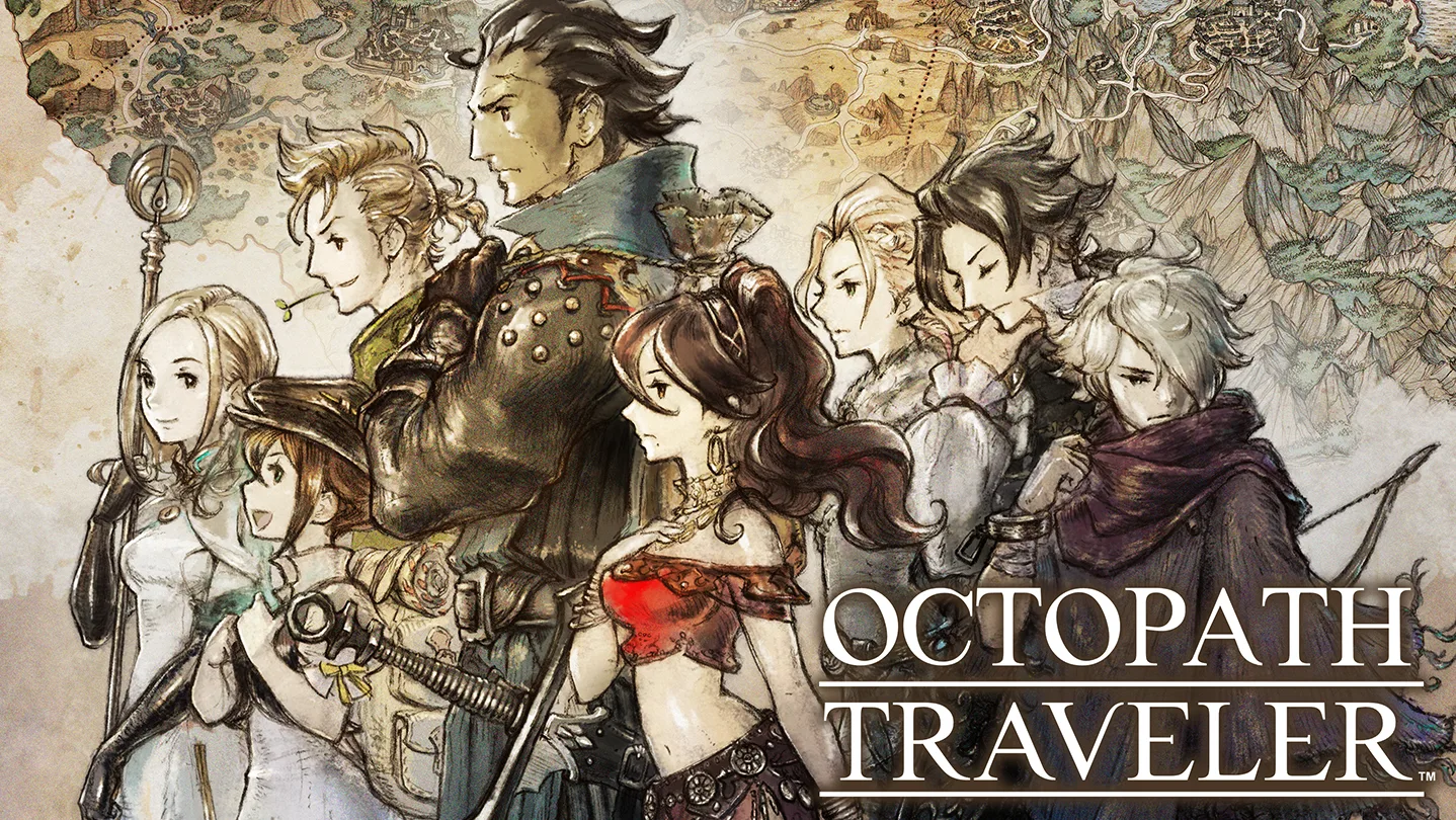 The eight travelers from OCTOPATH TRAVELER illustrated together beside the game logo