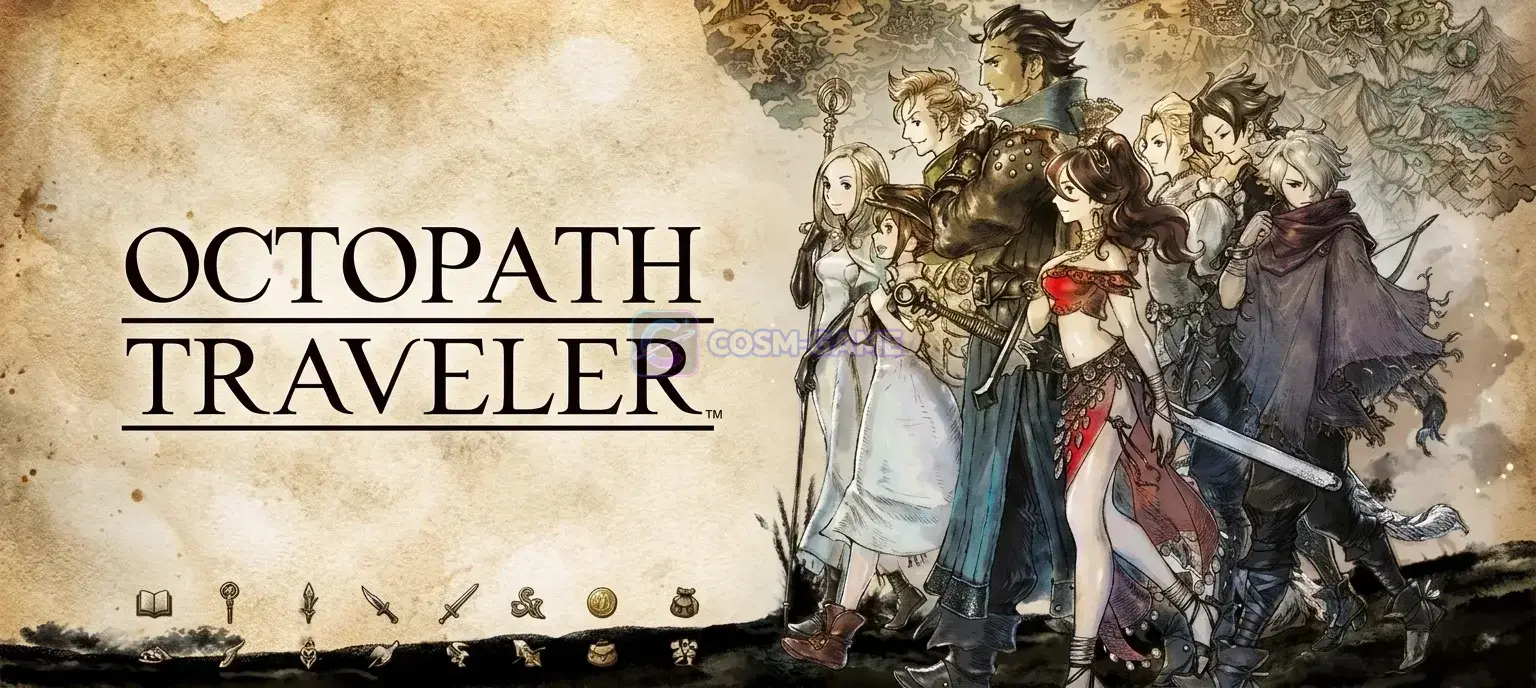 The eight travelers stand together against an illustrated map of Orsterra.