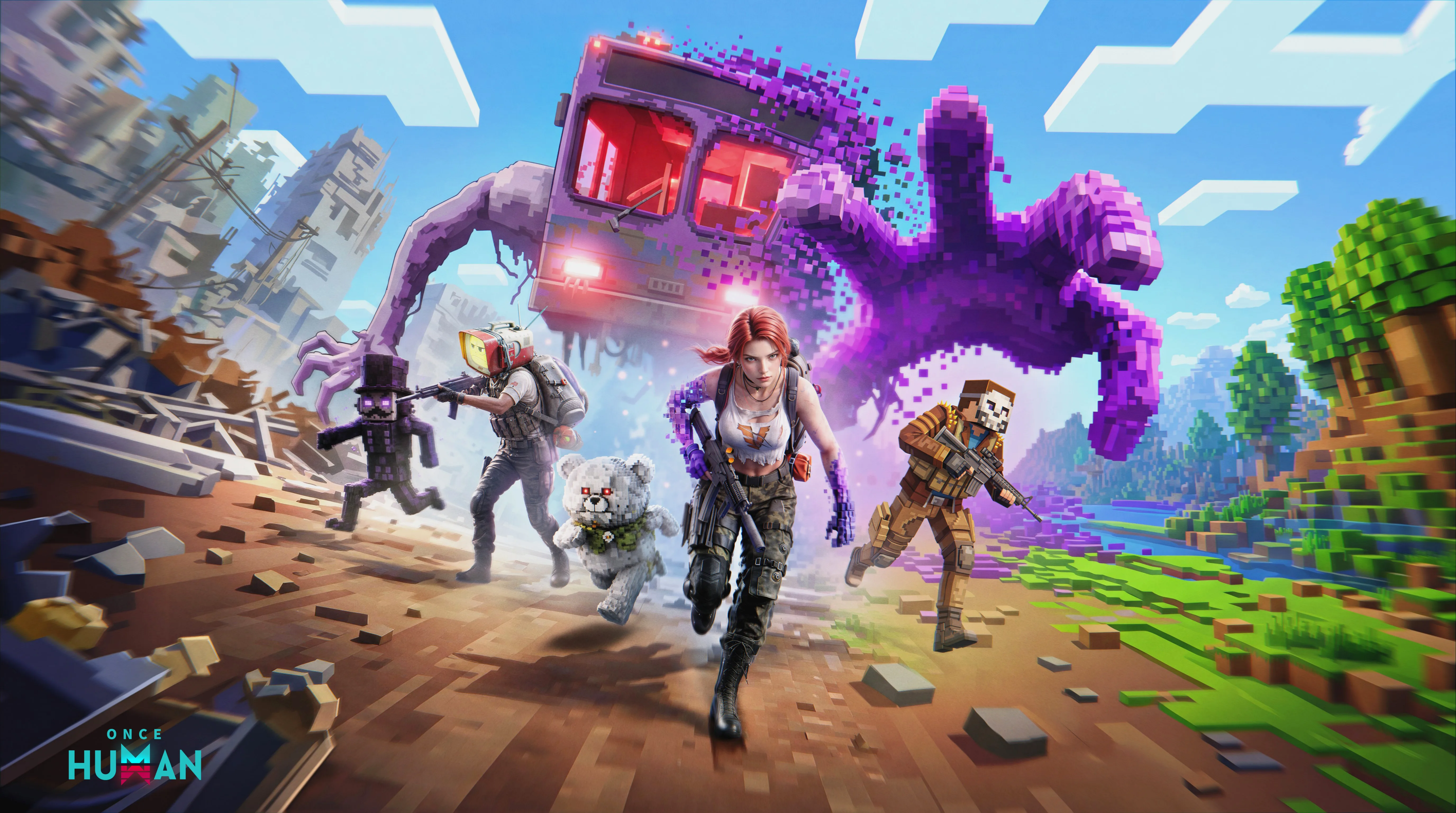 A survivor faces the giant Block Wanderer and pixel-style creatures during the Block Adventure event.