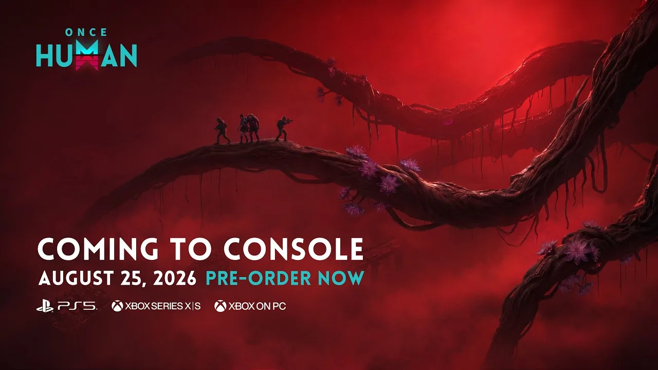 Once Human console launch key art showing survival gameplay on PlayStation 5 and Xbox