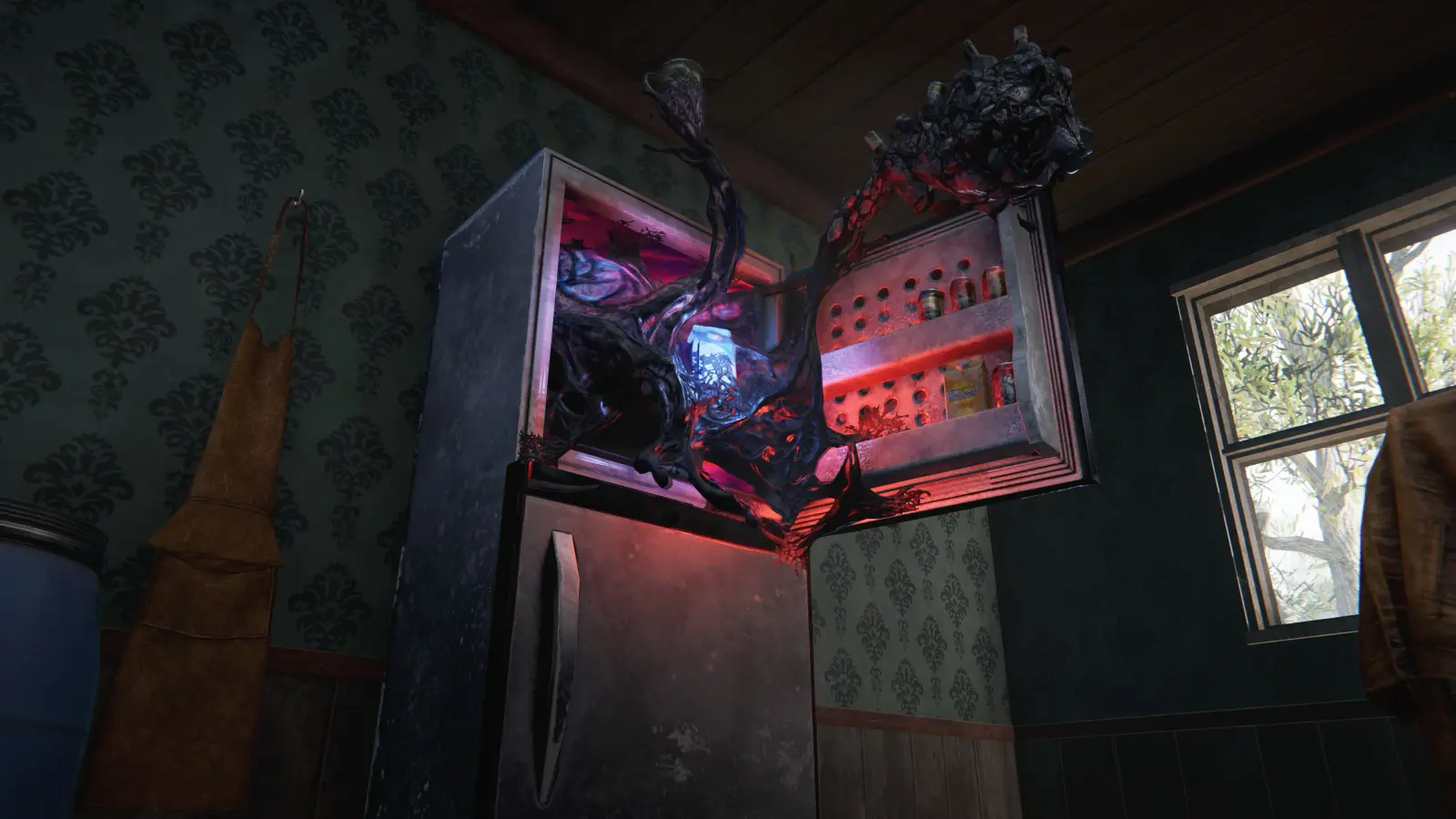 A refrigerator overtaken by black and red organic growth with a creature emerging from inside