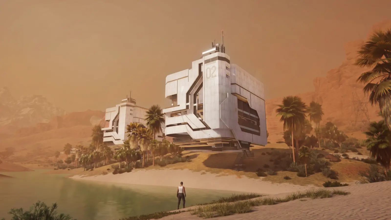 A player overlooking white futuristic buildings beside water in a desert landscape