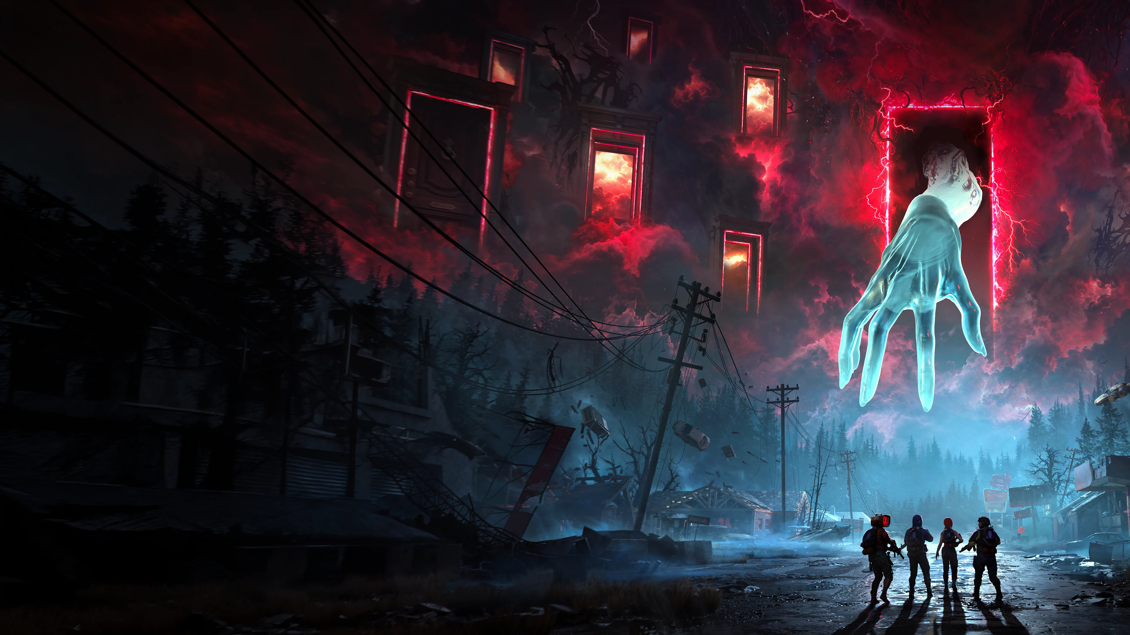 Four survivors facing a giant spectral hand and glowing red doorways over a ruined road