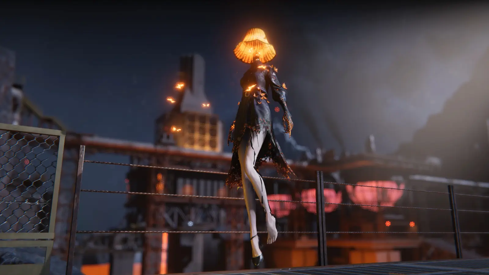 A floating humanoid aberration with a glowing lampshade head above an industrial platform