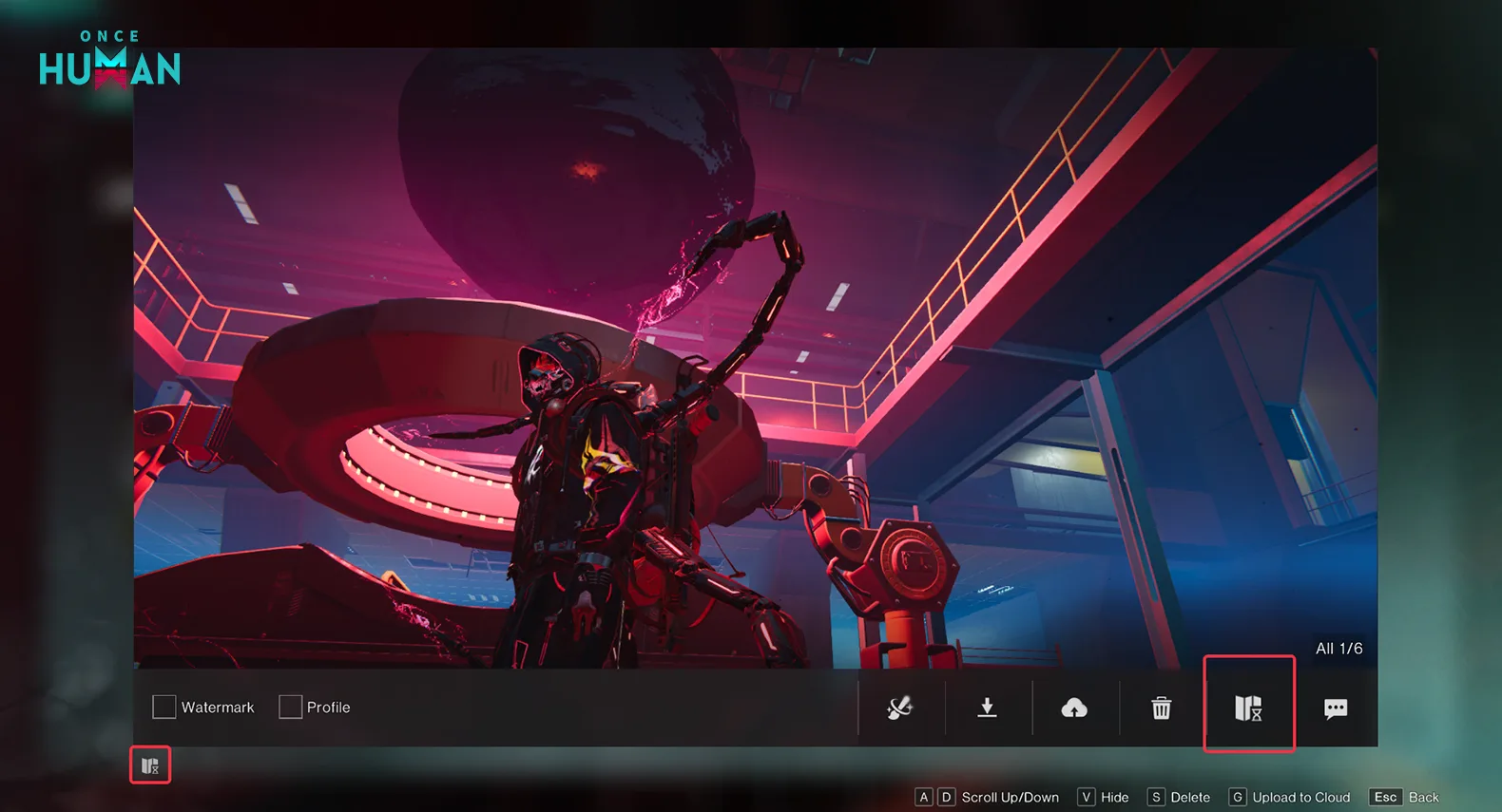 An armored Meta stands beneath a huge black sphere in a red and blue industrial chamber while the Album interface is open.