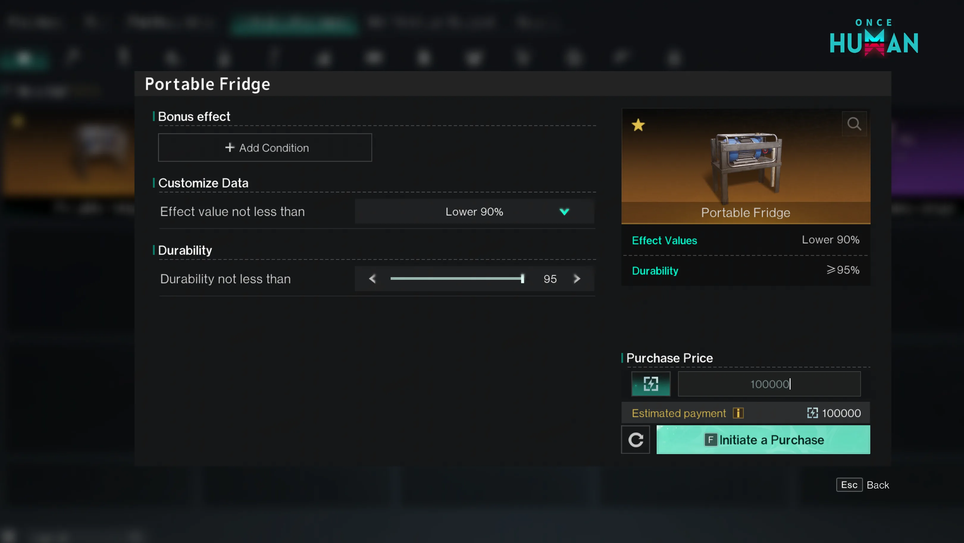 The online trading interface shows a Portable Fridge purchase order with effect, durability, and price requirements.