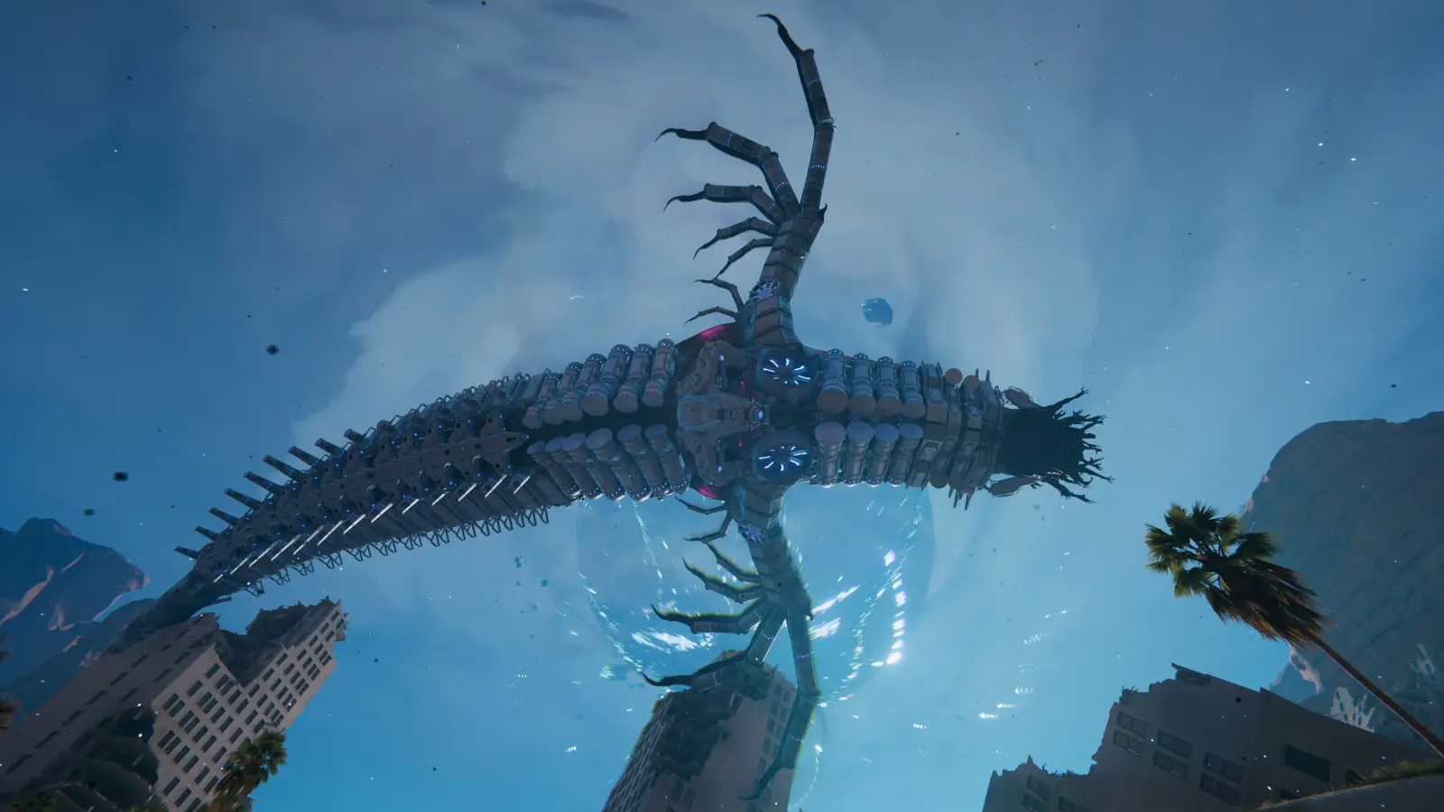 A massive skeletal winged aberration flying above ruined city buildings