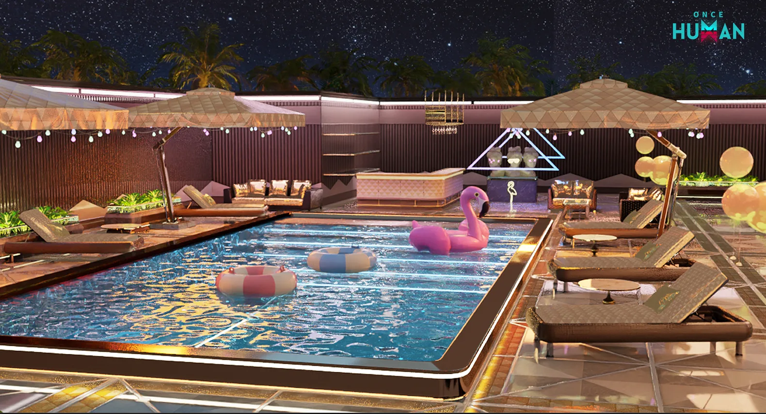 A large illuminated pool sits beneath a starry sky with lounge chairs, umbrellas, floating rings, and a pink flamingo.