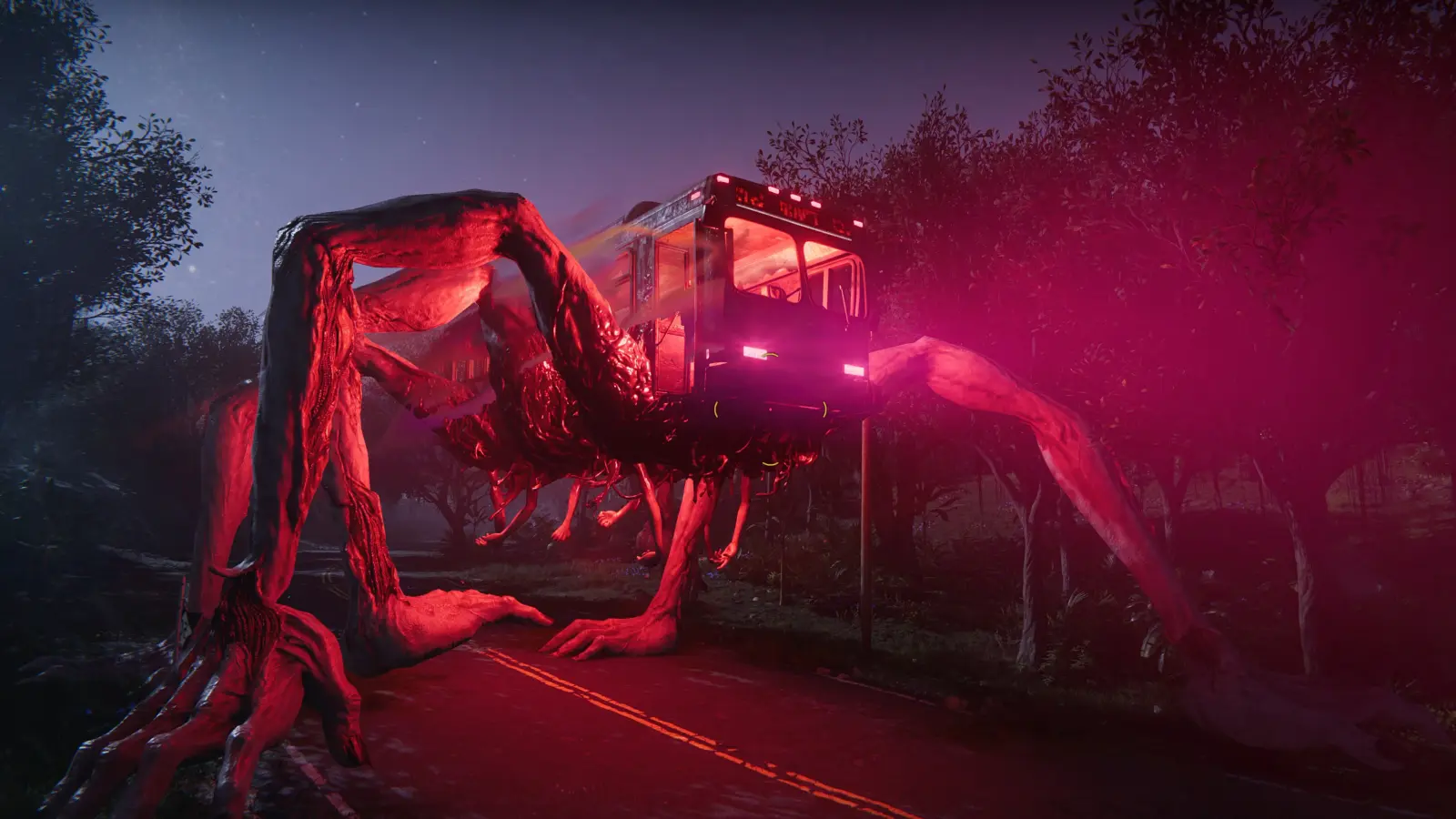 A city bus transformed into a giant multi-legged creature walking along a road at night