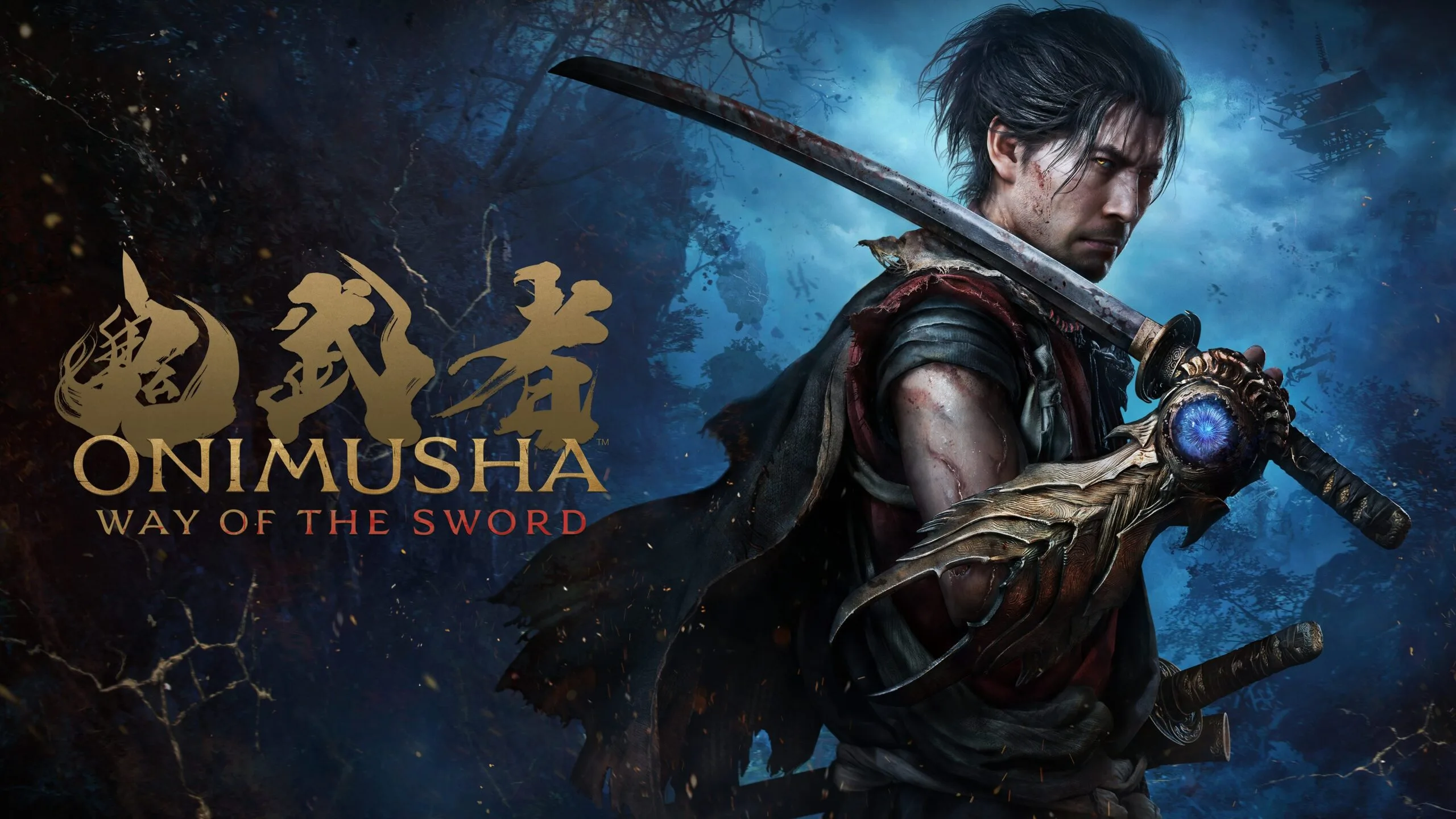 Miyamoto Musashi holds a katana with the Oni Gauntlet visible against a dark blue forest backdrop with the Onimusha: Way of the Sword logo