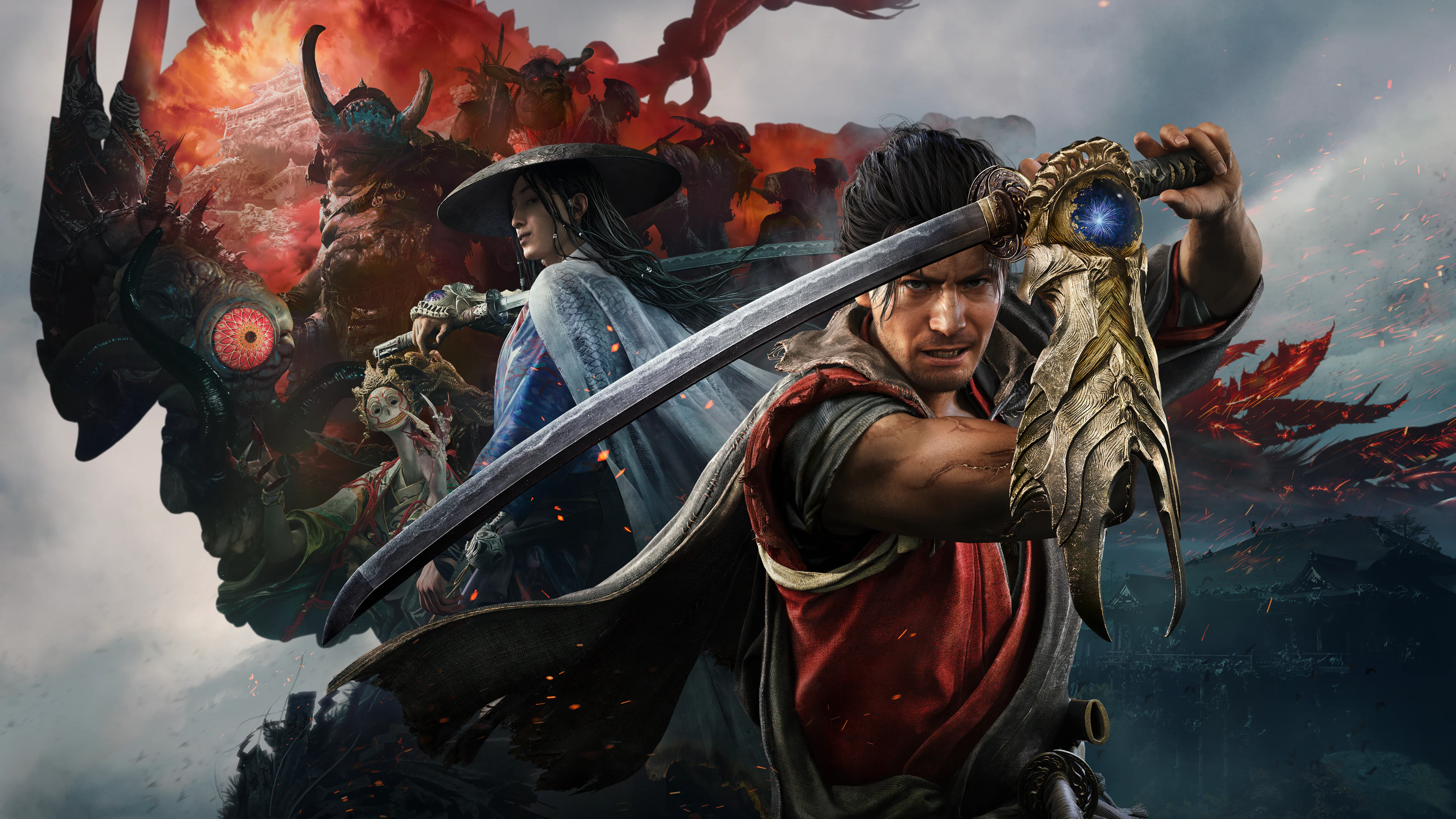 Miyamoto Musashi raising his sword and Oni Gauntlet before Genma enemies in Onimusha: Way of the Sword key art.