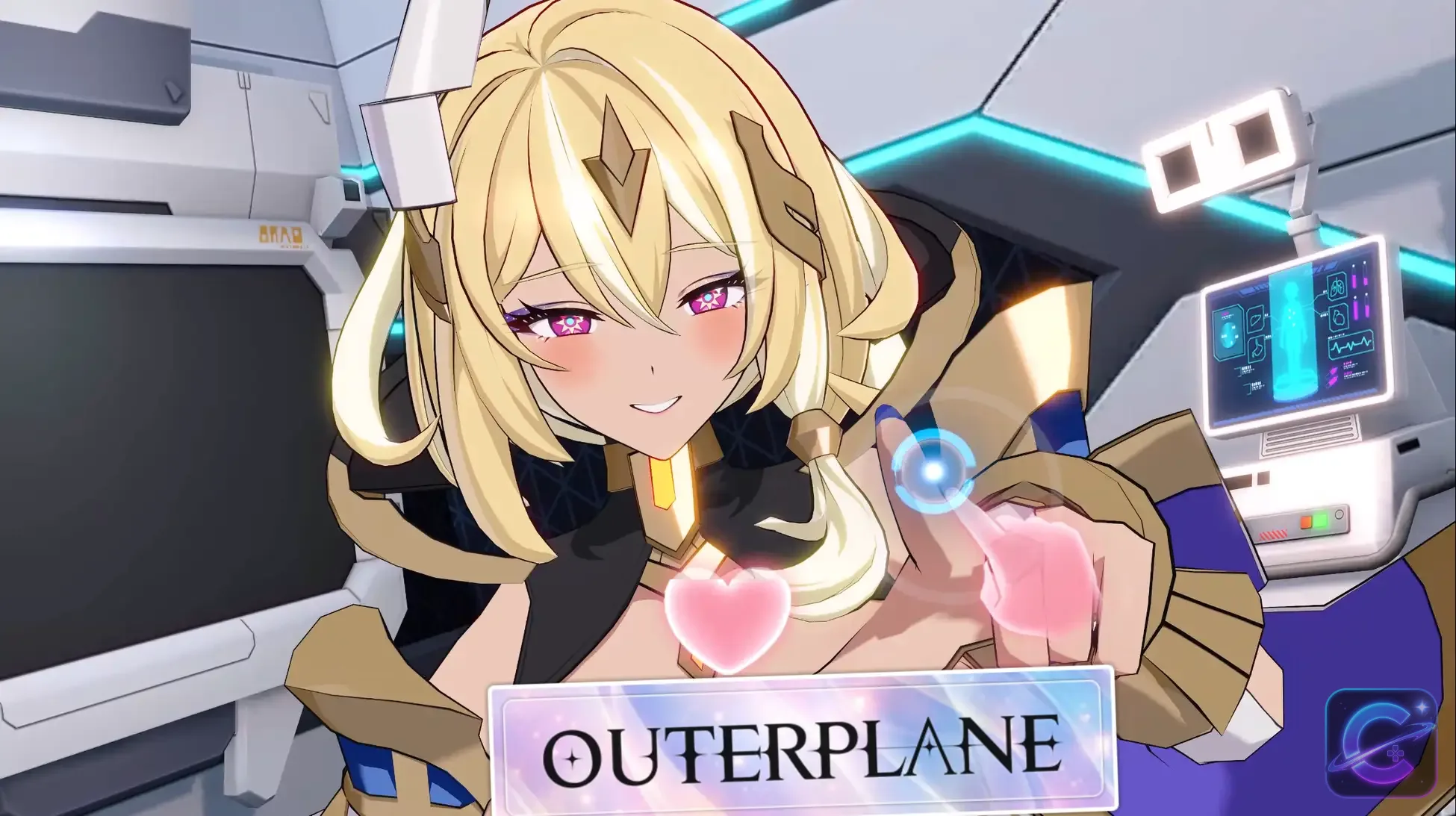 A blonde heroine reaches toward the viewer with glowing hearts inside a futuristic room.