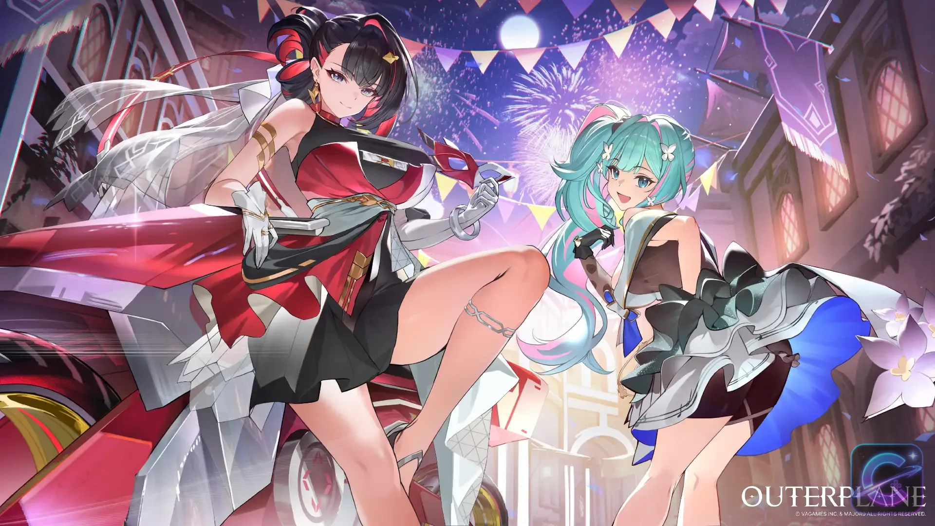 Midnight Rush Skadi and Rey pose beside a red sports car while fireworks burst above the city.