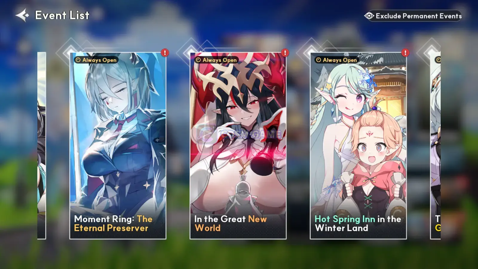 The OUTERPLANE interface displays permanent Event Dungeon content and its selection screen.