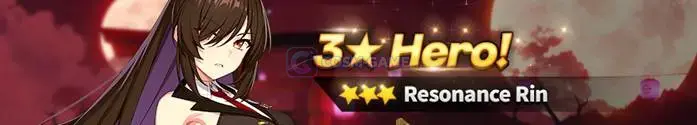 Dark-haired Resonance Rin beside the OUTERPLANE 3-star Hero announcement banner against a red moon.
